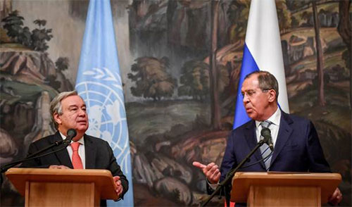 Serguéi Lavrov con Antonio Guterres Moscú duda de la veracidad del informe de la ONU sobre crímenes de guerra